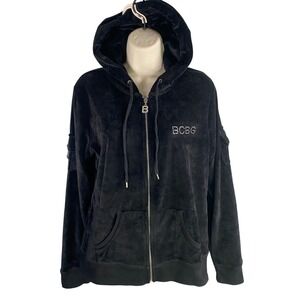 Y2k‎ BCBG Velour Rhinestone Logo Hoodie Womens XL Zip Up Athleisure 2010s